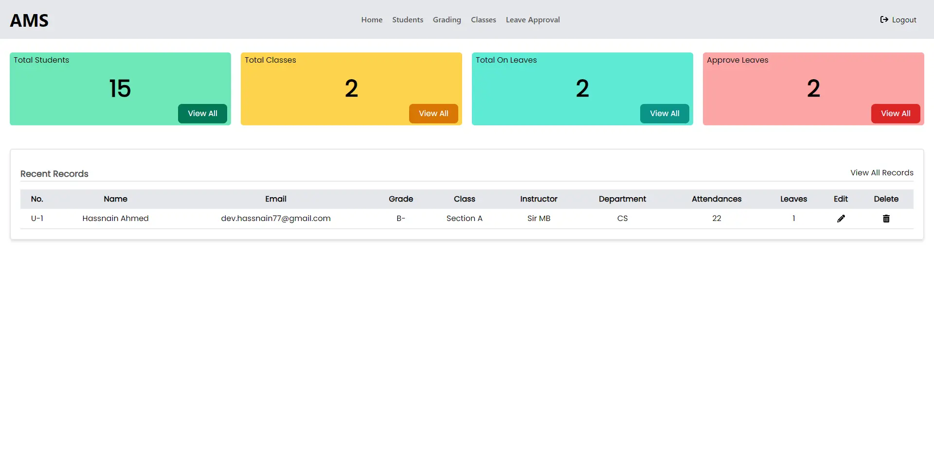 Academy Management System screenshot